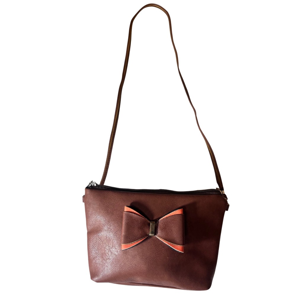 Small Brown Faux Leather Crossbody Shoulder Purse Bag Orange Trim Bow Accent EUC